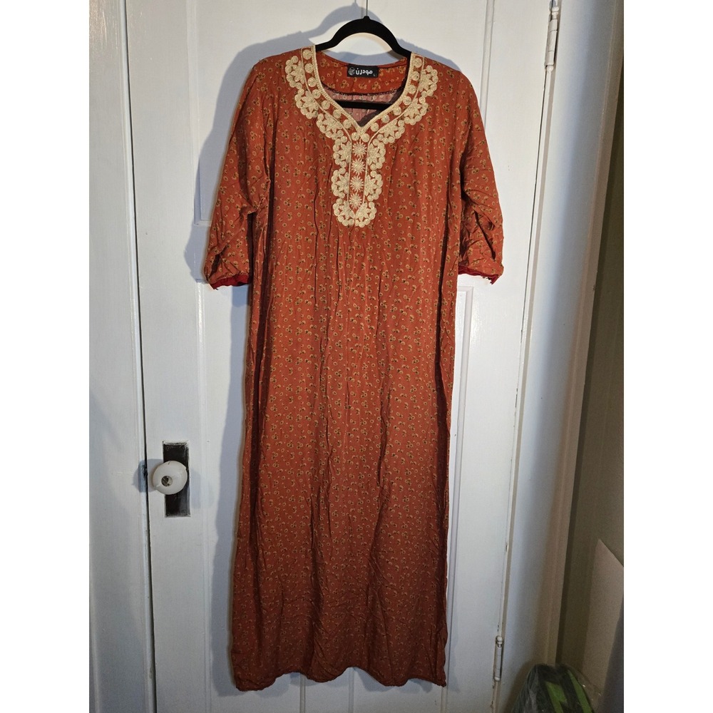Modern Floral Embroidered V-Neck Maxi Dress Terracotta Orange Long Sleeve Large